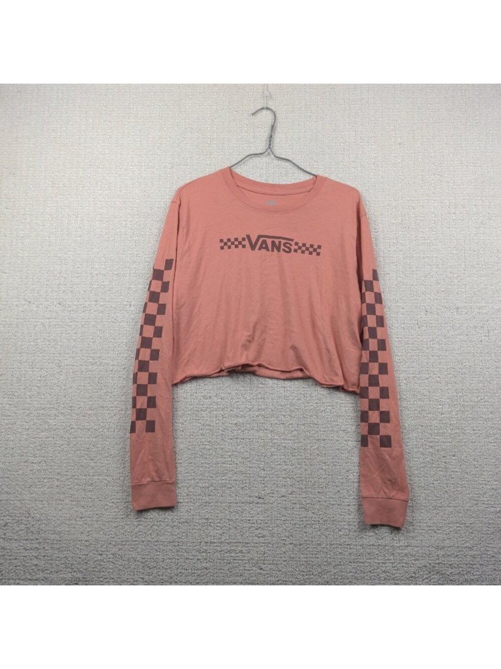 Y2K Vans Long Sleeve Crop T- Shirt Top Peach Checkerboard Skater Grunge Wom Sz L